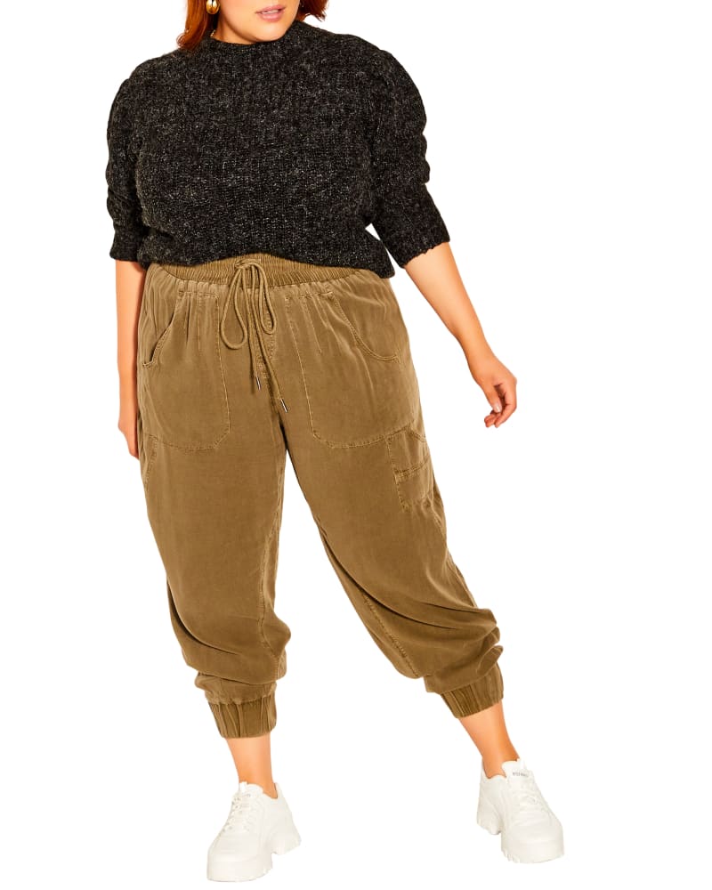Front of a model wearing a size XXS PANT COSY POCKETS in Khaki by City Chic. | dia_product_style_image_id:243364